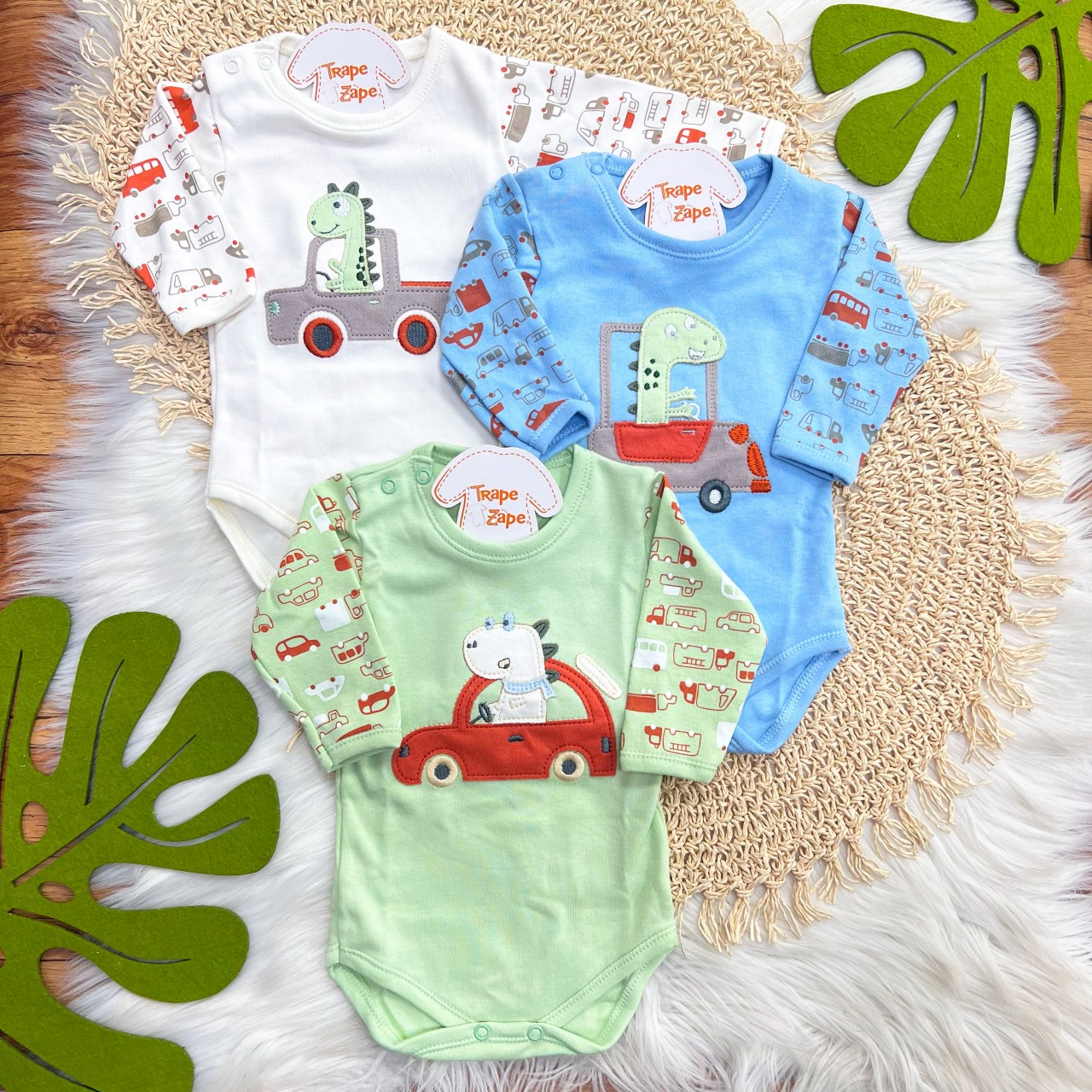 Kit 3 Peças - Bodys Manga Longa Dinos Motoristas - Off White, Azul e Verde